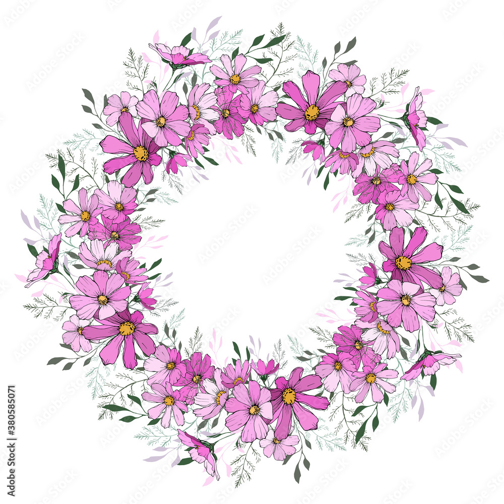 Floral wreath. Round frame with pink cosmos flower and green leaves. Hand drawn. Design for greeting card, wedding invitation. Vector.