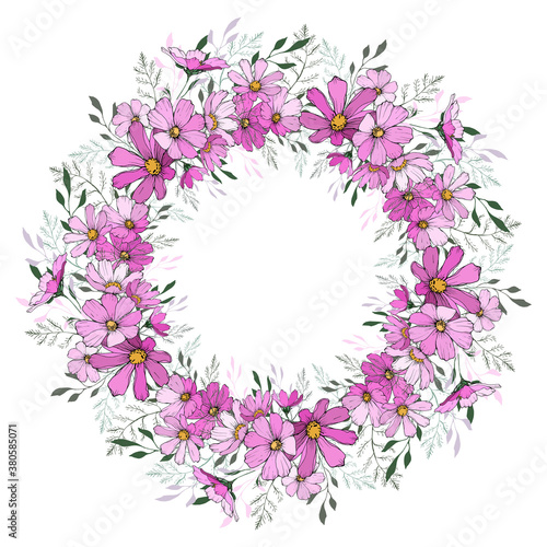 Floral wreath. Round frame with pink cosmos flower and green leaves. Hand drawn. Design for greeting card  wedding invitation. Vector.