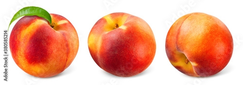 Peach isolated. Peaches with leaf. Peach set on white background. Peaches with clipping path.