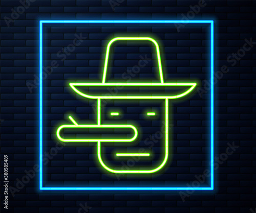Glowing neon line Pinocchio icon isolated on brick wall background. Vector.