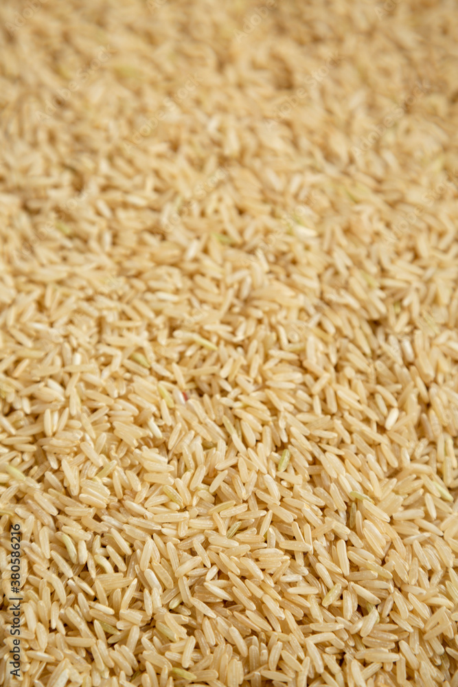 Dry Brown Rice background, low angle view.