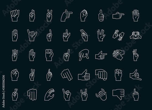 sign language hand gestures collection icons line and fill