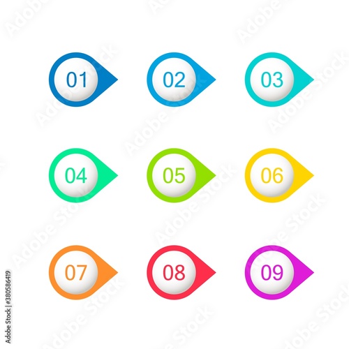 Colorful number bullet points. Flat circles with numbers from 1 to 9. Vector