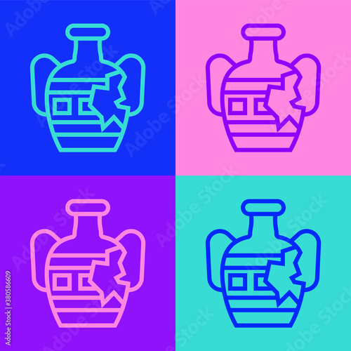 Pop art line Broken ancient amphorae icon isolated on color background. Vector.
