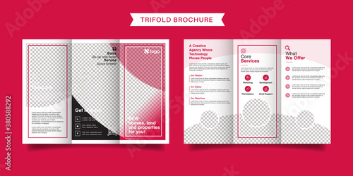 Real estate business trifold brochure template. Modern, Creative  and Professional tri fold brochure vector design. Simple and minimalist promotion layout.