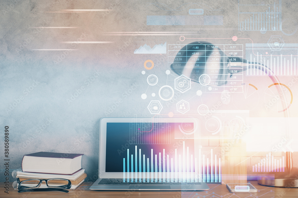 Multi exposure of desktop with computer on background and tech theme drawing. Concept of big data. Multi exposure of desktop with computer on background and tech theme drawing. Concept of big data.