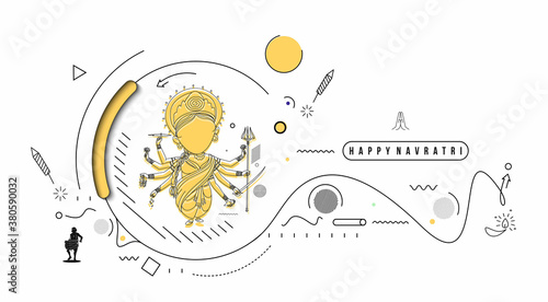 Happy Durga Puja festival with text of happy navratri India holiday background, Cartoon style Vector illustration.