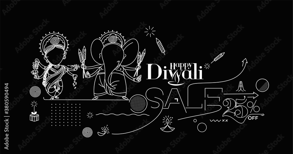 Diwali Hindu festival greeting card, Abstract flat line poster banner with flat 25% sale Vector illustration.
