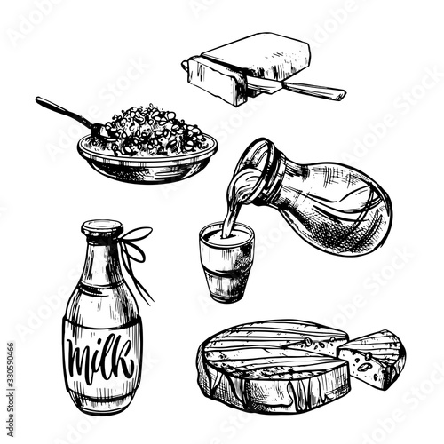 Dairy products vector set in graphic style. Farm foods - milk, cheese, butter, curd. Hand drawn sketch illustration. Isolated objects on white background