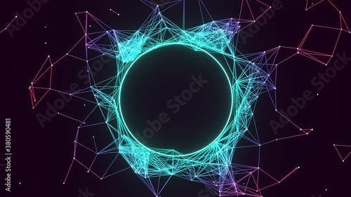 Circular plexus structure revolving and flying outward.  Science or technology background. 3D render.