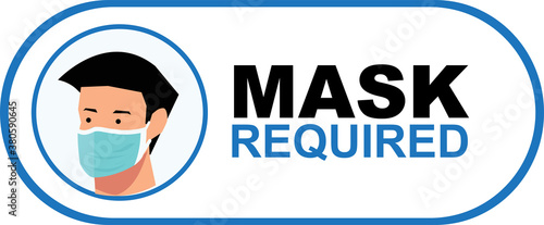Mask required warning prevention sign - human profile silhouette with face mask in rounded rectangular frame - isolated vector information picture