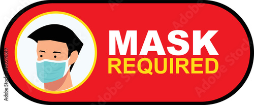 Mask required warning prevention sign - human profile silhouette with face mask in rounded rectangular frame - isolated vector information picture