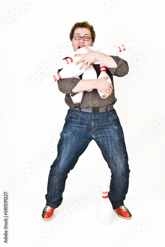A man with bowling pins