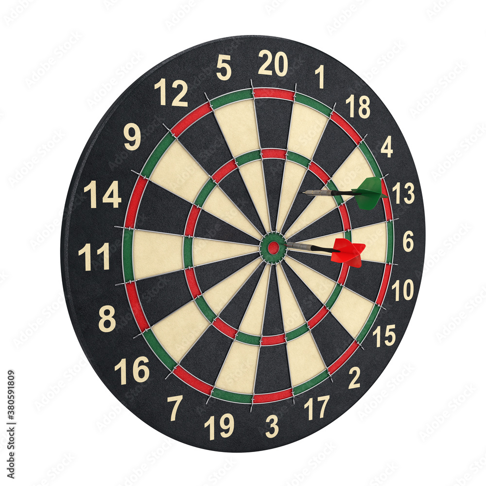 Dartboard with Darts isolated on a white background, 3D render Dartboard with Darts isolated on a white background, 3D render