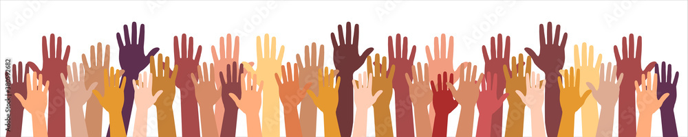 Colored volunteer crowd hands isolated on white background. Raised hand silhouettes, people colorful voting illustration. Teamwork, collaboration, voting, volunteering concert. Colored volunteer crowd hands isolated on white background. Raised hand silhouettes, people colorful voting illustration. Teamwork, collaboration, voting, volunteering concert.
