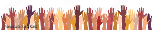 Colored volunteer crowd hands isolated on white background. Raised hand silhouettes, people colorful voting  illustration. Teamwork, collaboration, voting, volunteering concert.