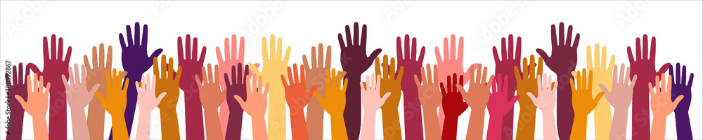 Colored volunteer crowd hands isolated on white background. Raised hand silhouettes, people colorful voting vector illustration. Teamwork, collaboration, voting, volunteering concert. Colored volunteer crowd hands isolated on white background. Raised hand silhouettes, people colorful voting vector illustration. Teamwork, collaboration, voting, volunteering concert.