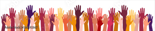 Colored volunteer crowd hands isolated on white background. Raised hand silhouettes, people colorful voting vector illustration. Teamwork, collaboration, voting, volunteering concert.