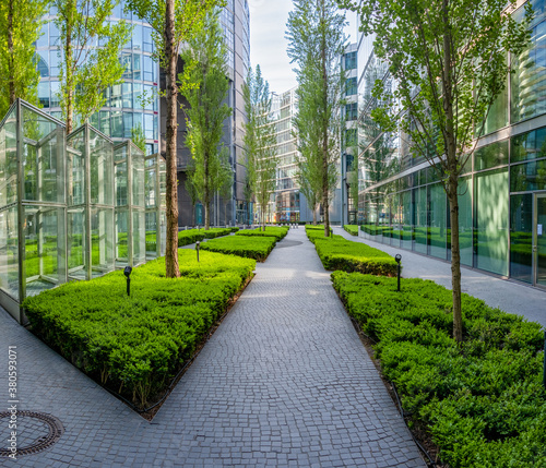 Photographie Blick auf moderne Bürogebäude mit Glasfassaden und grüne Bäume auf dem Gehweg im
