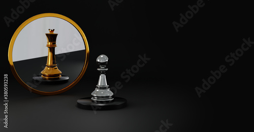 Сhess pawn reflected as a king. Promotion and ambition concept, changing personalities concept. Leadership and competition abstract.