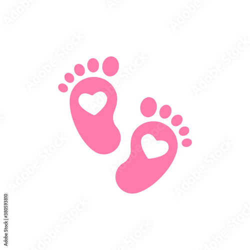 Pink kids or baby feet and foot steps with heart. New born, pregnant or coming soon child footprints.