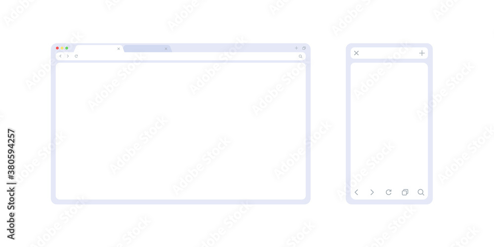 Browser mockup set in light theme for web and mobile. Browser window interface in 2 sizes for showing your site or ux app. Minimalistic frame template isolated on white background. Browser mockup set in light theme for web and mobile. Browser window interface in 2 sizes for showing your site or ux app. Minimalistic frame template isolated on white background.