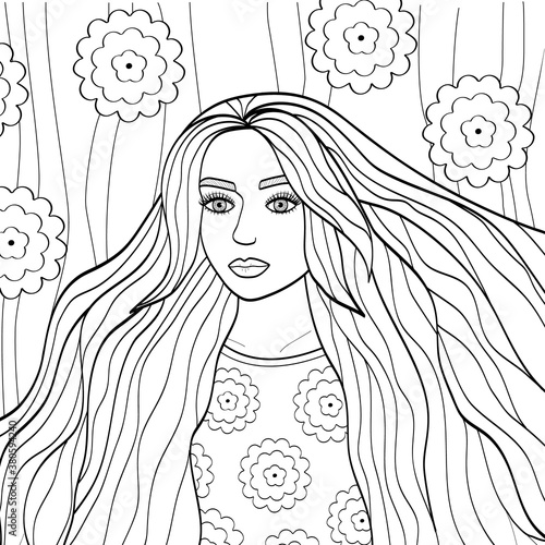 Portrait of a beautiful girl with long hair. Outline of a young woman. Vector illustration for coloring pages, avatars, logos