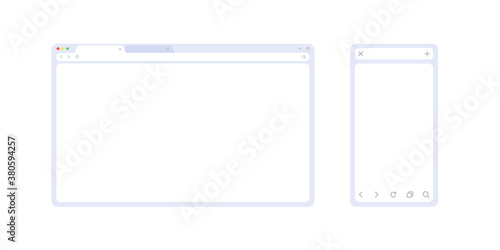 Browser mockup set in light theme for web and mobile. Browser window interface in 2 sizes for showing your site or ux app. Minimalistic frame template isolated on white background.