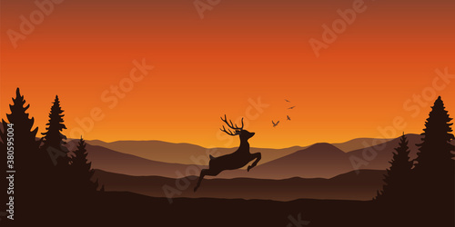 jumping deer in the forest on mountain landscape in orange colors vector illustration EPS10