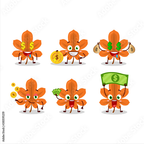 Orange dried leaves cartoon character with cute emoticon bring money