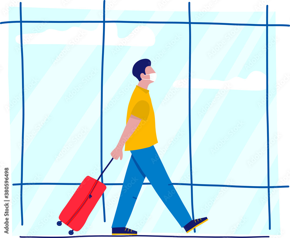 Obraz premium A man with a suitcase walks through the airport. Quarantine travel. Masked man at the airport. Vector illustration