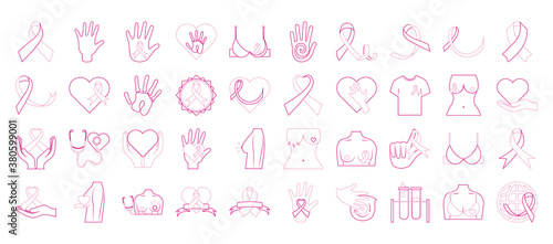 breast cancer awareness month, ribbon chest female bra heart healthcare stock set flat icons