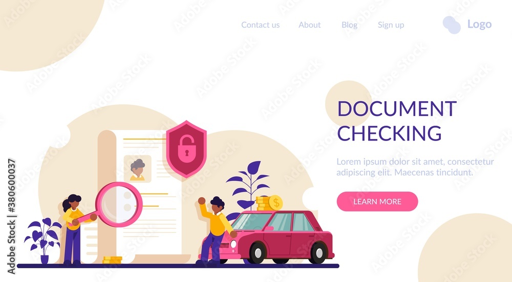 Fototapeta premium Document checking concept. Characters Make a Deal Agreement. People with a document are standing near the car. Modern flat illustration.