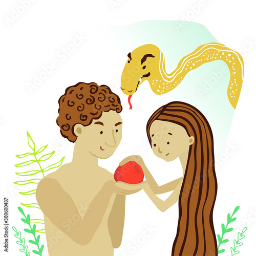 Vector illustration with biblical Adamim, Eve and snake. Serpent tempter in the Garden of Eden. The Forbidden fruit. Flat, kind, childish, cute style. Drawing, poster, picture for Sunday school.