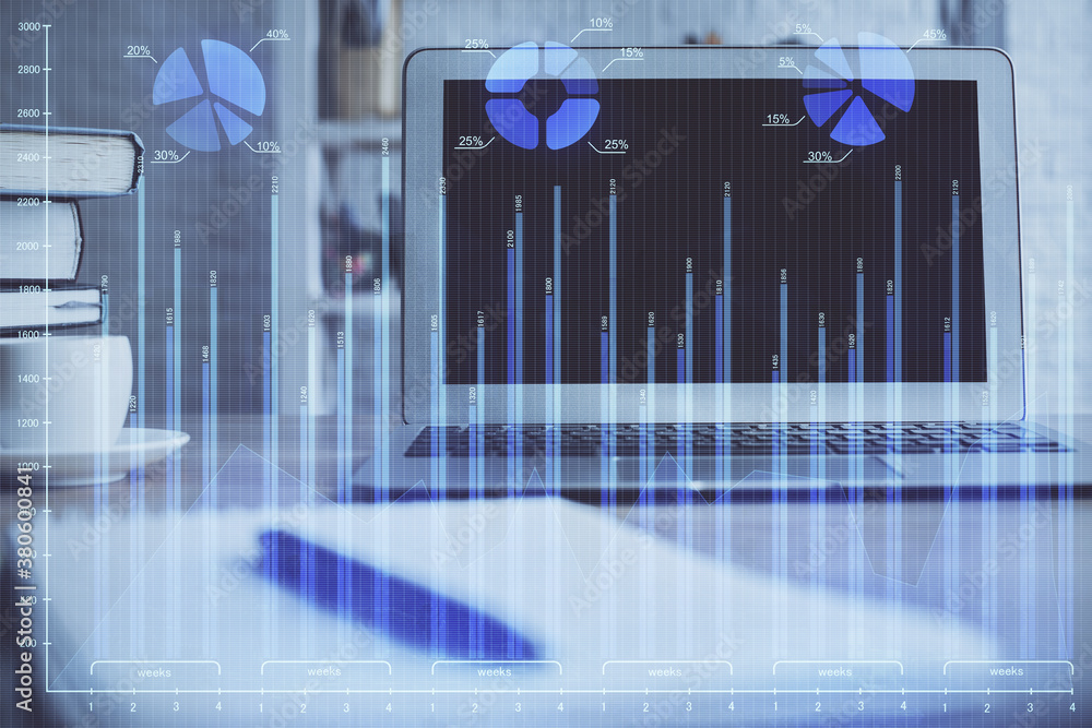 Double exposure of forex graph and work space with computer. Concept of international online trading. Double exposure of forex graph and work space with computer. Concept of international online trading.