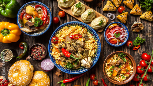 Konstfotografi Assorted Uzbek food pilaf samsa lagman manty shurpa Uzbek restaurant concept Uzbek food