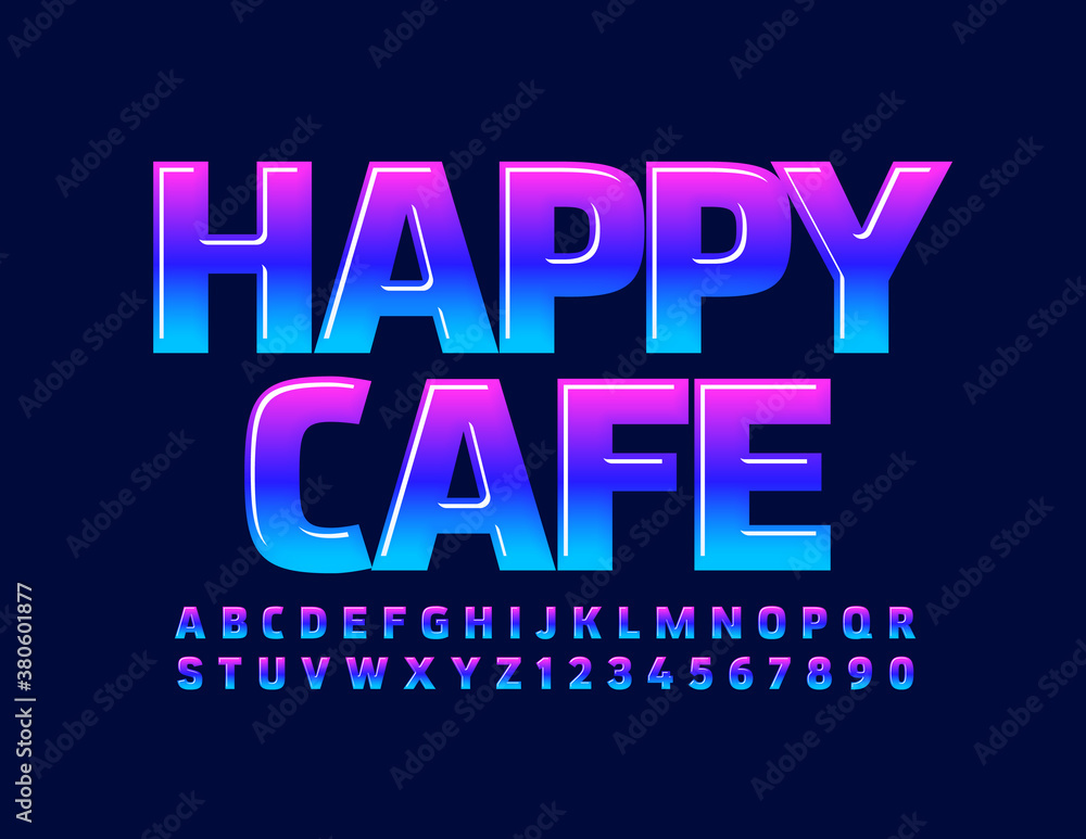 Vector modern logo Happy Cafe. Bright colorful Font. Creative glossy Alphabet Letters and Numbers set