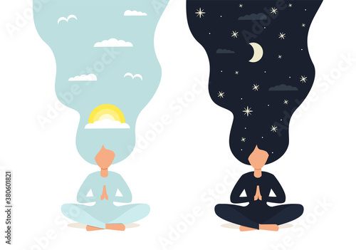 Day and night. Girl in yoga lotus practices meditation. Vector illustration in flat style. Young woman meditating	
