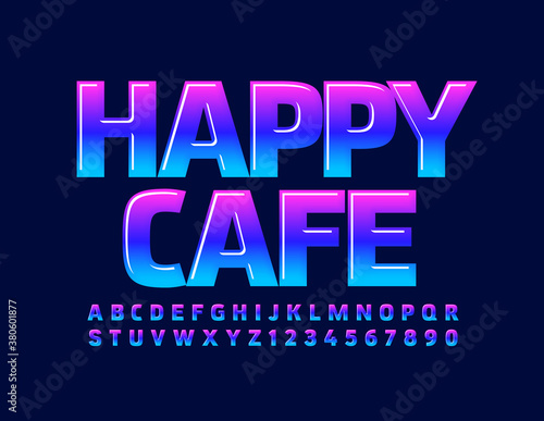 Vector modern logo Happy Cafe. Bright colorful Font. Creative glossy Alphabet Letters and Numbers set