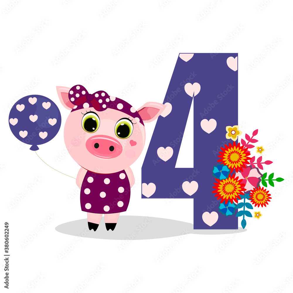 Naklejka premium Number four and pig with balloon. Perfect for greeting cards, party invitations, posters, stickers, pin, scrapbooking, icons.