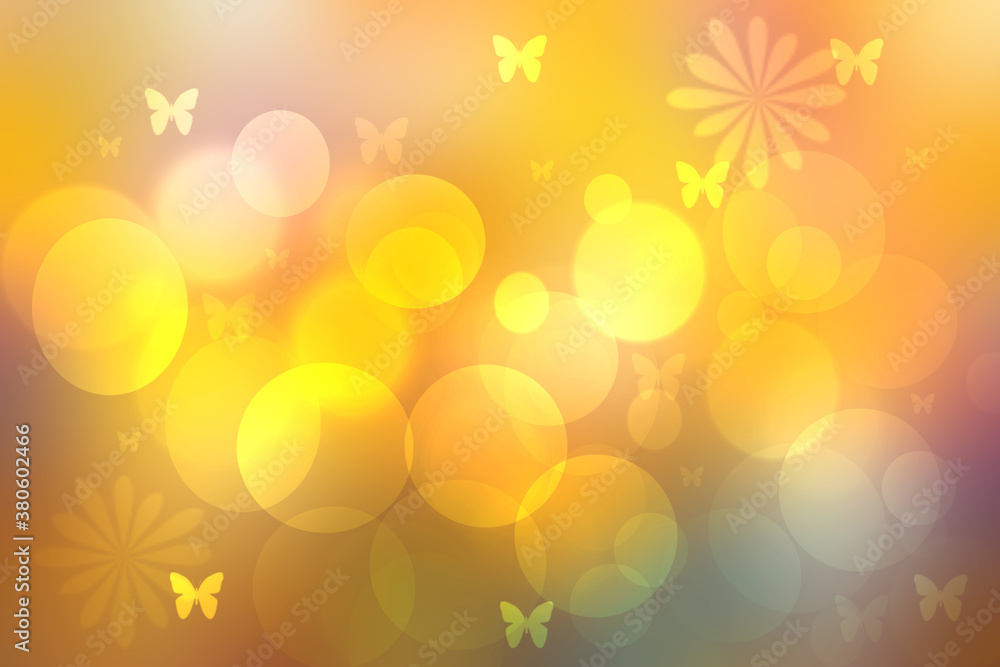 Hello spring background. Abstract bright spring or summer landscape texture with natural yellow pink green bokeh lights with butterflies, sun flowers and sunshine. Beautiful backdrop for card.