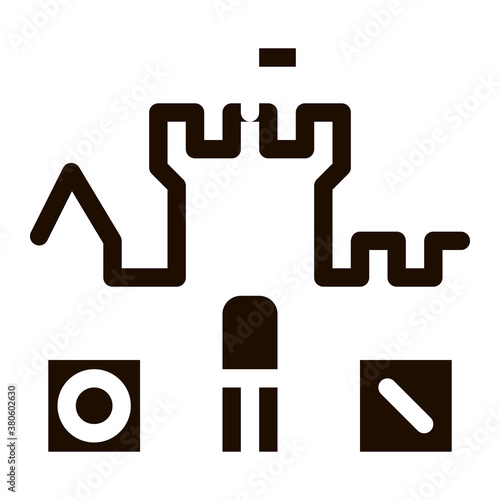 Interactive Kids Castle Personage Vector Sign Icon . Castle, Character Figure And Glassie Game Children Playing Gaming Items Pictogram. Monochrome Illustration