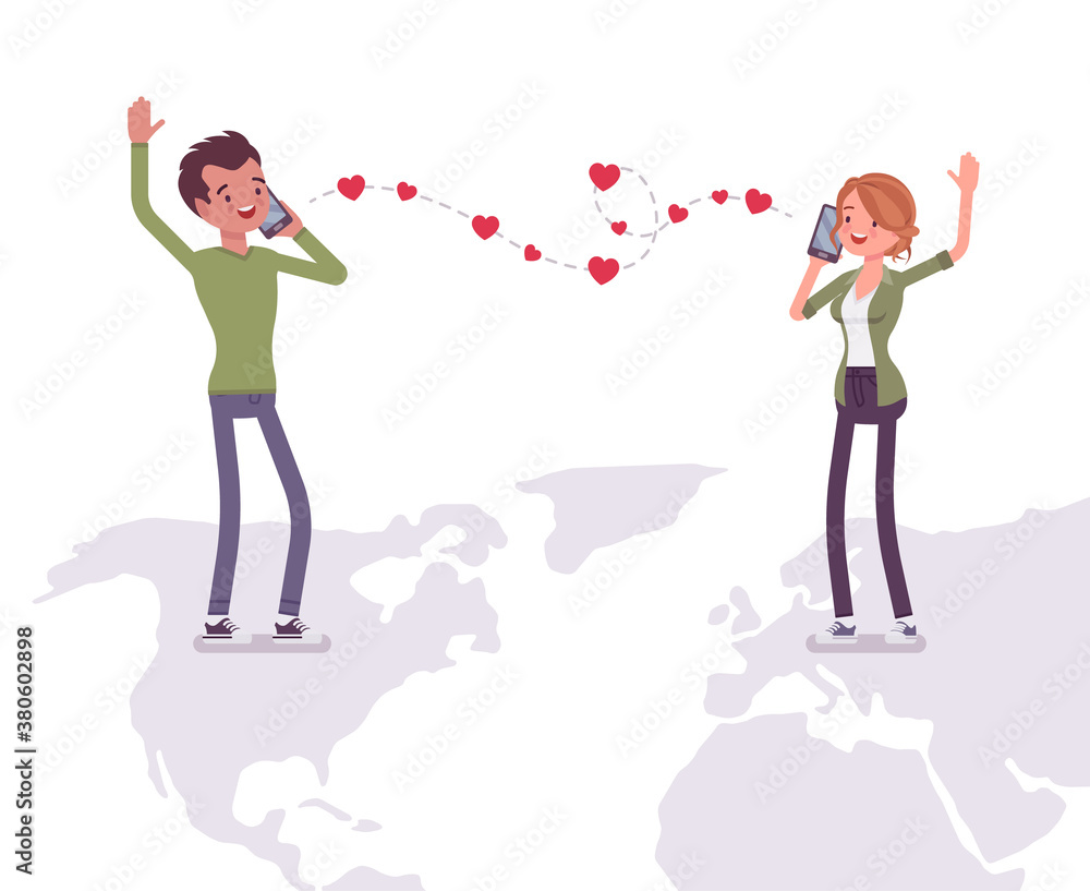Love and long distance romantic relationship for man, woman. Separated young people communicate by phone calls, smartphone dating, chatting. Vector flat style cartoon illustration on map silhouette Love and long distance romantic relationship for man, woman. Separated young people communicate by phone calls, smartphone dating, chatting. Vector flat style cartoon illustration on map silhouette
