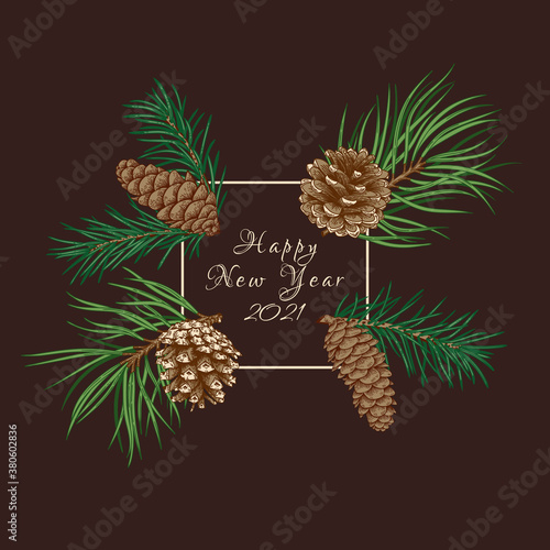 Fototapeta Naklejka Na Ścianę i Meble -  New year frame with fir and pine branches and cones.Vector illustration. Holiday card. Dark background and colorful pattern.