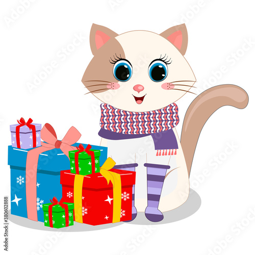 cat with gift boxes celebration merry christmas vector illustration. Perfect for greeting cards, party invitations, posters, stickers, pin, scrapbooking, icons.