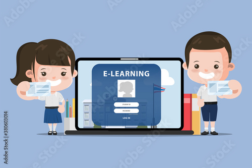 Thai student presenting e-learning online education school. Bangkok Thailand  high school animation vector design.