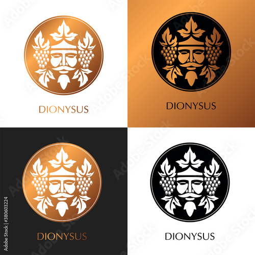 Man face logo with grape berries and leaves. Bacchus or Dionysus. Antique style for winemakers or wines. Vector illustration