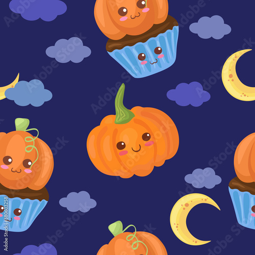 Seamless vector pattern with Kawaii Halloween Pumpkin   Cupcake Characters. Cute decorative background texture. Funny All Saints Day wallpaper in cute cartoon style. Wrapping paper  fabric print.
