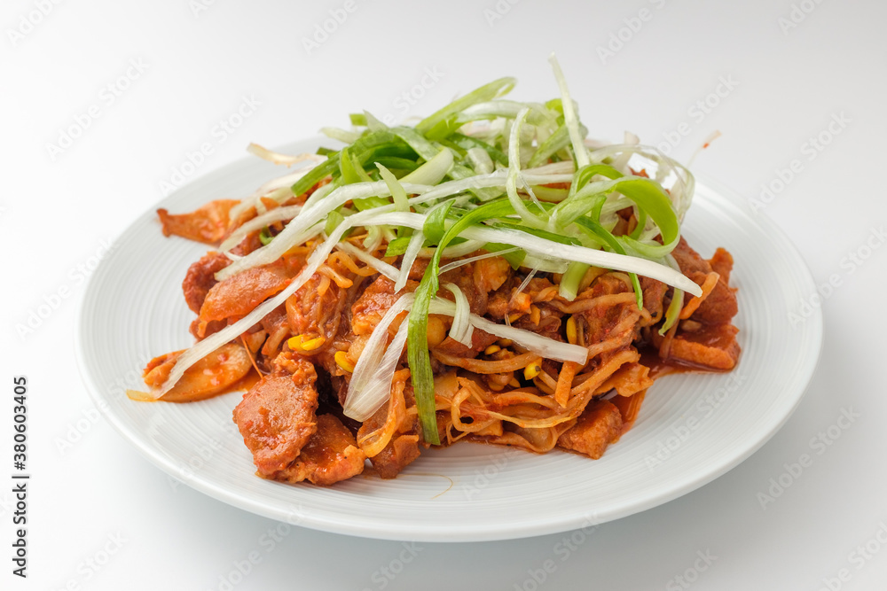 Bulgogi with bean sprouts on white background Bulgogi with bean sprouts on white background