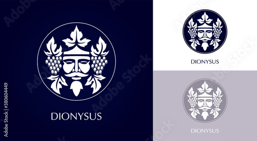 Man face logo with grape berries and leaves. Bacchus or Dionysus. Antique style for winemakers or wines. Vector illustration